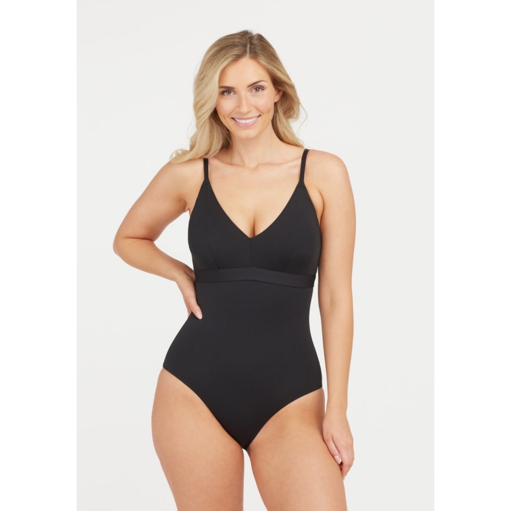 SPANX Black Banded Bust V-Neck One Piece Swimsuit Shaping Tummy Control Size XS